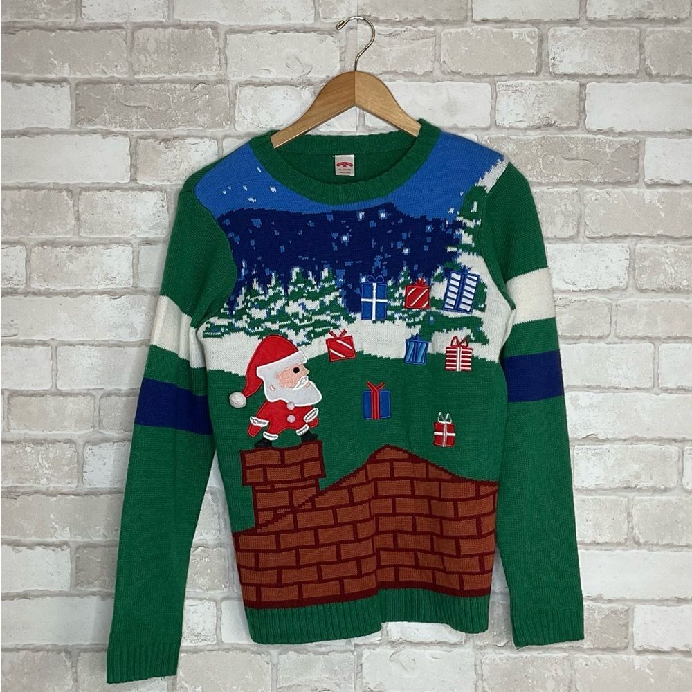 Festive Knit Green Christmas Santa Crewneck Size XL 14-16